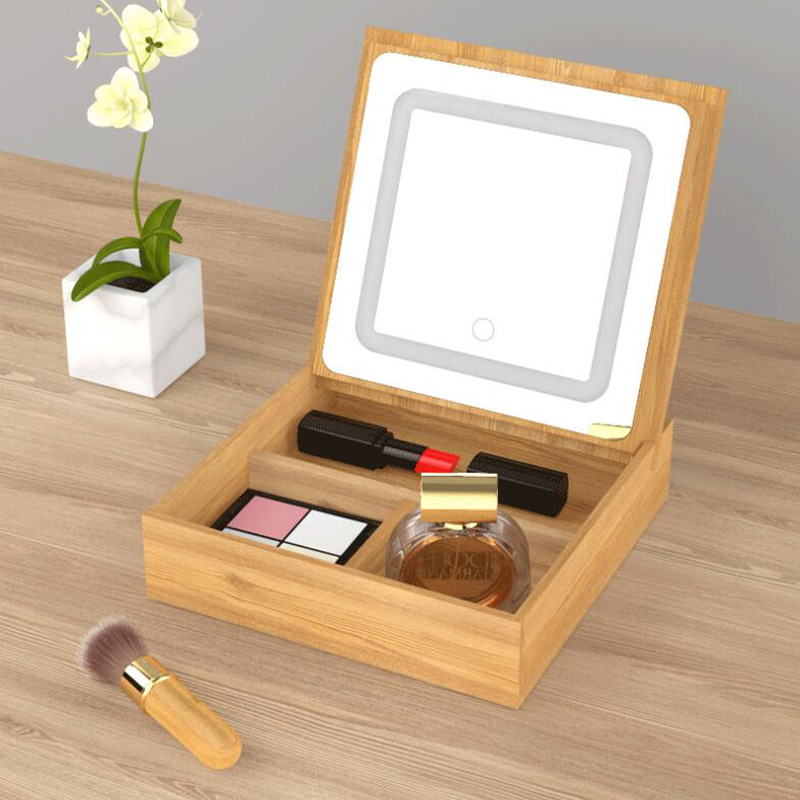 

Wooden LED Makeup Mirror Storage Box Desktop Drawer Cosmetic Box USB Charging Folding Makeup Storage Lipstick Finishing