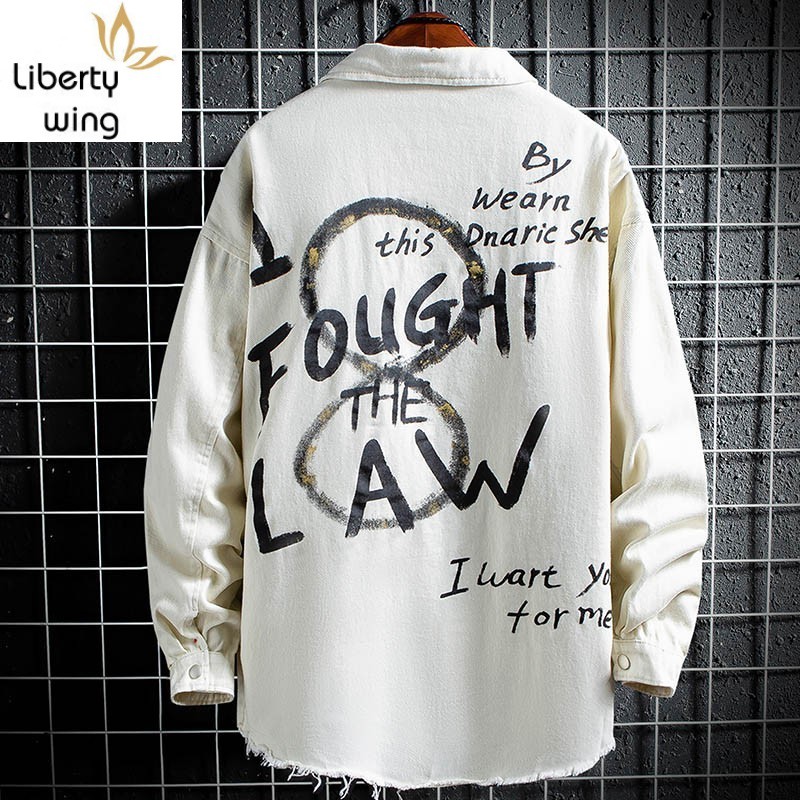 

Personality Korean Back Letter Printed Mens Denim Jackets Long Sleeve Single Breasted Lapel Male Medium Length Coats Plus Size, Black