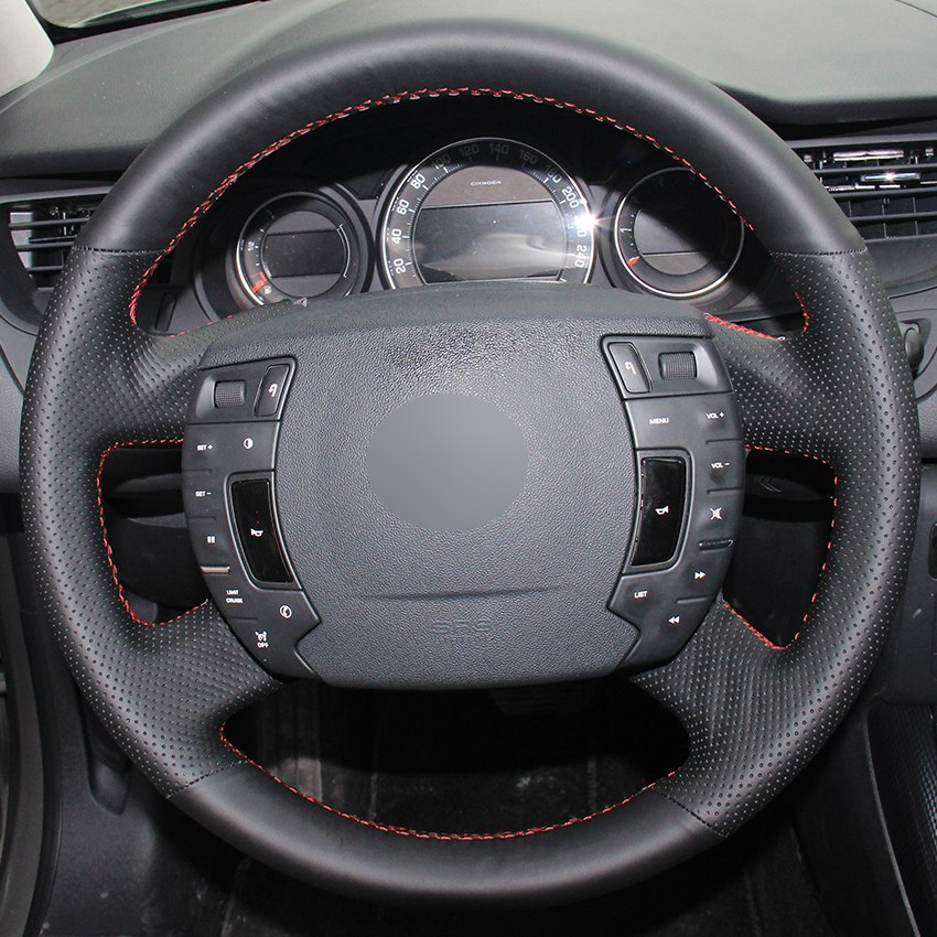 Black Synthetic Leather Car Steering Wheel Cover for Citroen C5 2008-2017-image-441780052