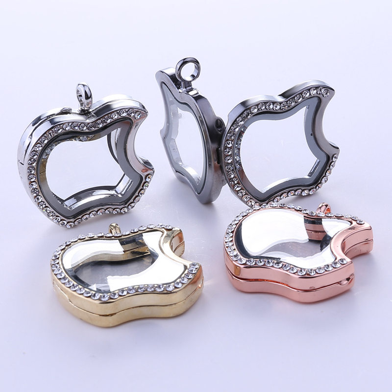 

Apple Floating Locket Pendants Living Memory photo Glass Crystal box model floating charm lockets part of necklace keychain, Silver