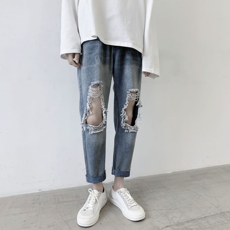 

Summer Ripped Jeans Men's Fashion Casual Retro Blue Straight Jeans Men Streetwear Wild Loose Hip-hop Ripped Denim Trousers Mens