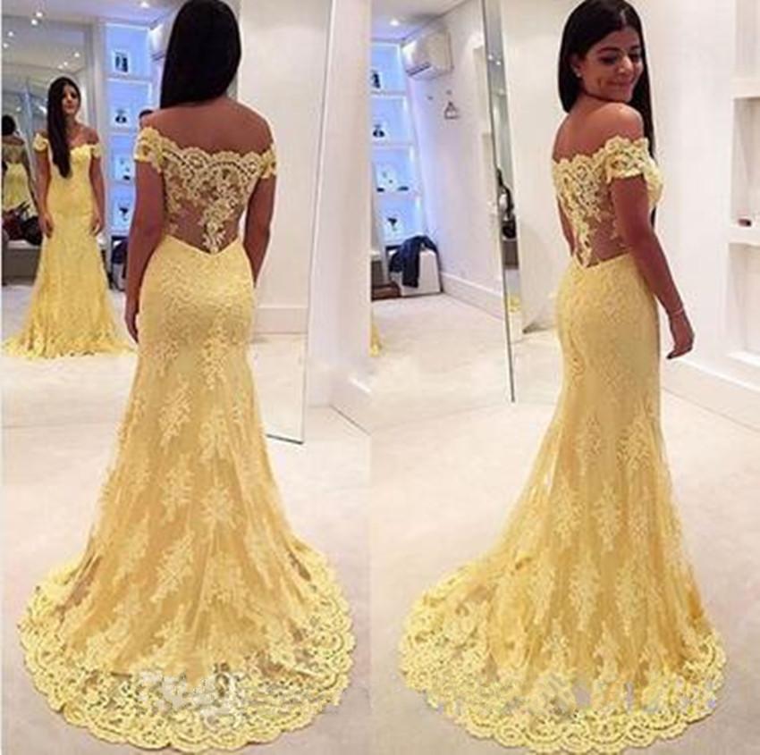 

2019 New Boat Neck Lace Formal Party Dress Court Train Sleeveless Vestidos Charming Yellow Off The Shoulder Evening Dress 2018, Red