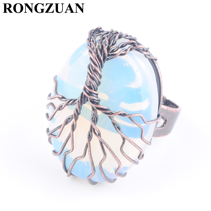 

RONGZUAN Adjustable Ring Natural Stone Opal Bead Copper Antique Rings for Women Man Finger Jewelry Copper Wire Wrapped Tree of Life DX3054