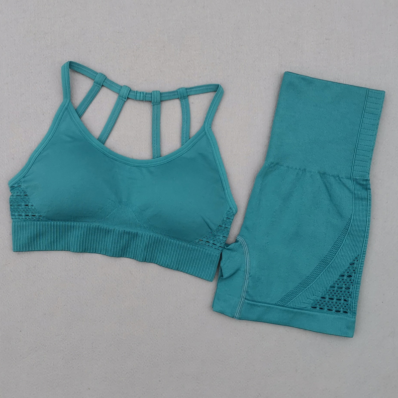 

Energy Seamless Yoga Sets Women High Waist Gym Shorts+Padded Strappy Sports Bra Fitness Clothing 2PCS Sport Suit Workout Set, Blue shorts