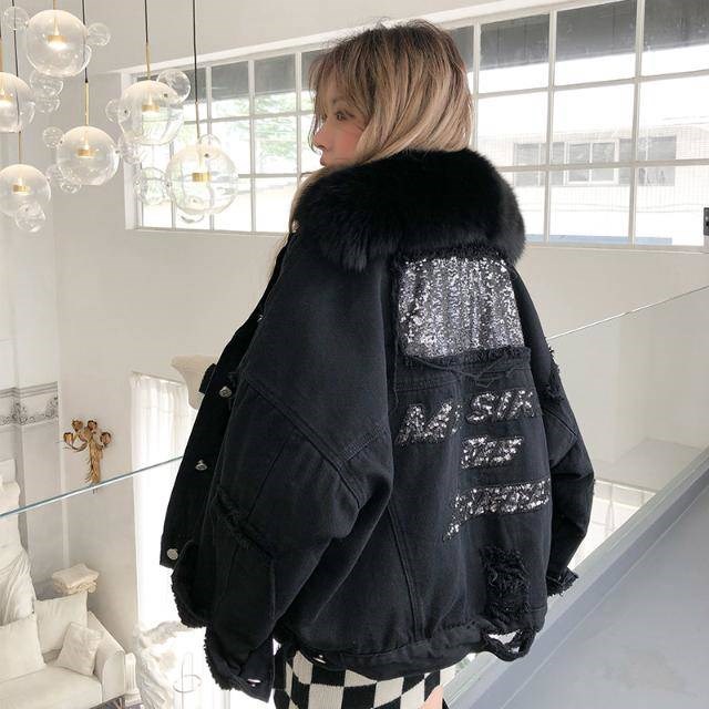 

Women' Down & Parkas Black 2021 Winter Denim Jacket Women Soft Fur Liner Jeans Collar Outwear Vintage Plus Size Loose Thick Warm Jean Coat