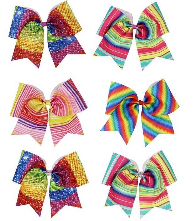 

NEW ARRIVAL rainbow 7 Inch Hair Bows girl cheer bows Elastic Hair Bands print ribbon Girls Accessories drop shipping 12pcs, Rhinestone 3