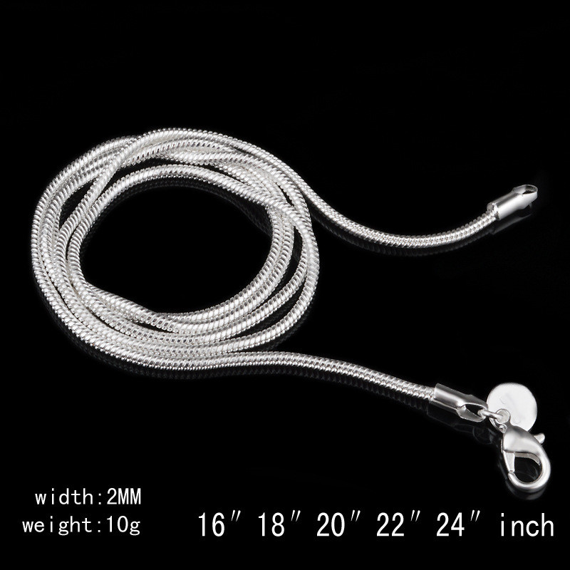

Fashion 925 Sterling Silver 2mm Thickness Snake Chain Necklace Lobster Clasps Chain Necklaces Size 16/18/20/22/24 Inches