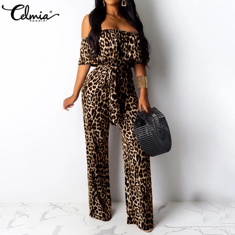 

Celmia Vintage Off Shoulder Leopard Print Summer Jumpsuits Women Short Sleeve Rompers Fashion Bodycon Party Overalls Femininas, Gray