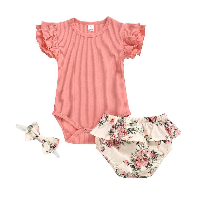 

2020 Summer New Baby Girl Clothes Set Short Sleeve Solid Romper Flower Shorts Bow Headband 3pcs Set Princess Infant Cloth, Pink