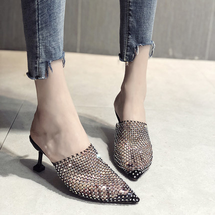 

European and American Baotou wear sandals and slippers 2020 summer hollow pointed pointed rhinestone high heel slippers women, Beige