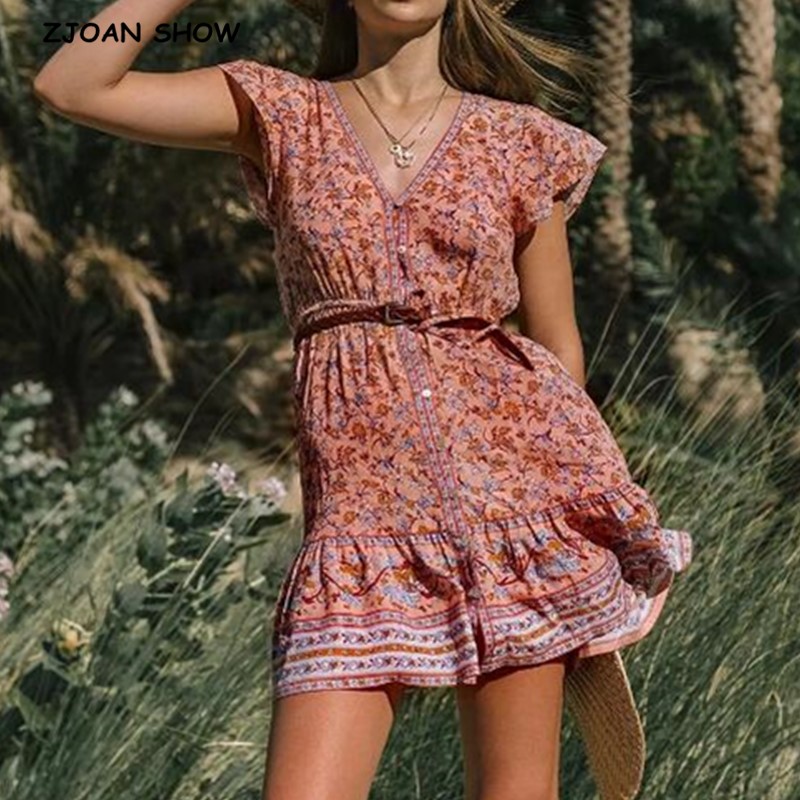 

2020 Bohemian V neck Floral print BOHO Dress Holiday Woman Elastic Waist Single-breasted Button Short Sleeve Dresses Beach, Coral red