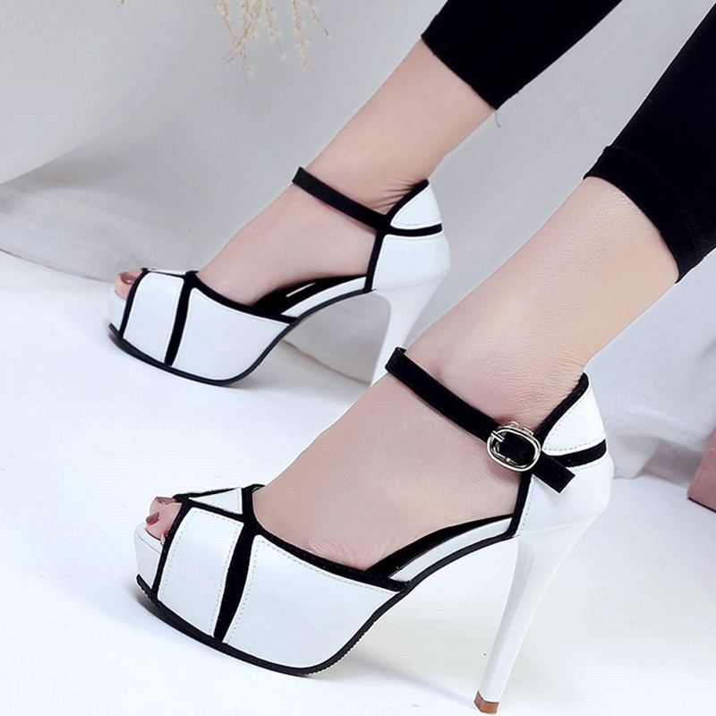 

Hot Sale-High Heels Platform Sandal Color Black White Patchwork Sandale New Sexy Gladiator Buckle Women Party Dress Shoes