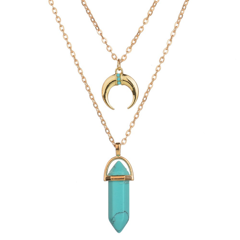 

New Luxury Womens Gold Plated Double Chain Colorful Natural Stone Pendant Necklace