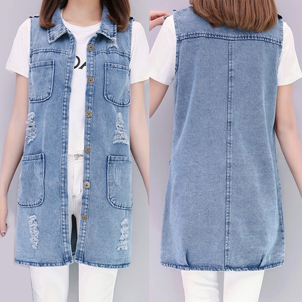 

Autumn Nice Women Korean Version Of Large Size Cowboy Jacket Fashion With Pocket Lady Denim Sleeveless Vest Jackets#J31, Blue