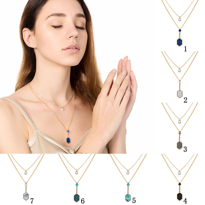 

New Shiny Druzy stone layered necklaces Geometric Natural stone Faux pearl Pendant Gold Multi-layer chains Choker For women Fashion Jewelry