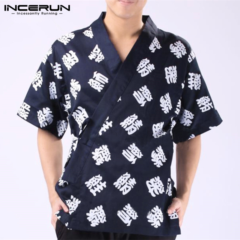 

INCERUN Men Shirt Lace Up Printed Short Sleeve Japanese Mens Kimono Casual V Neck Tops Streetwear Retro Men Harajuku Shirts 2020, Navy shirt