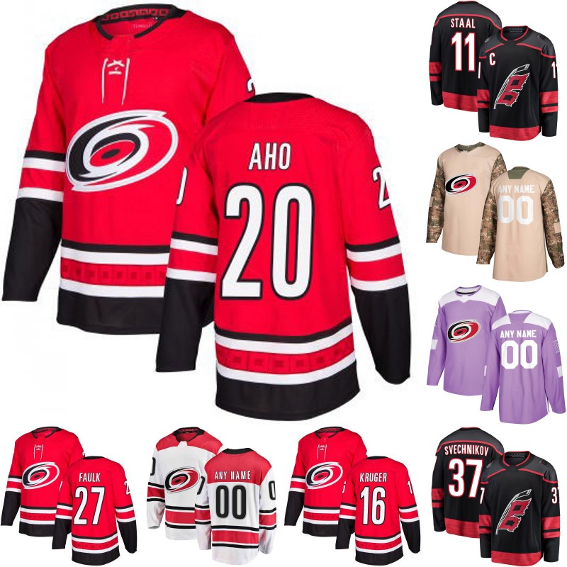 

Carolina Hurricanes Jersey 20 Sebastian Aho 11 Staal 27 Justin Faulk 37 Andrei Svechnikov 74 Jaccob Slavin Mens Womens Youth Hockey Jerseys, Black;red