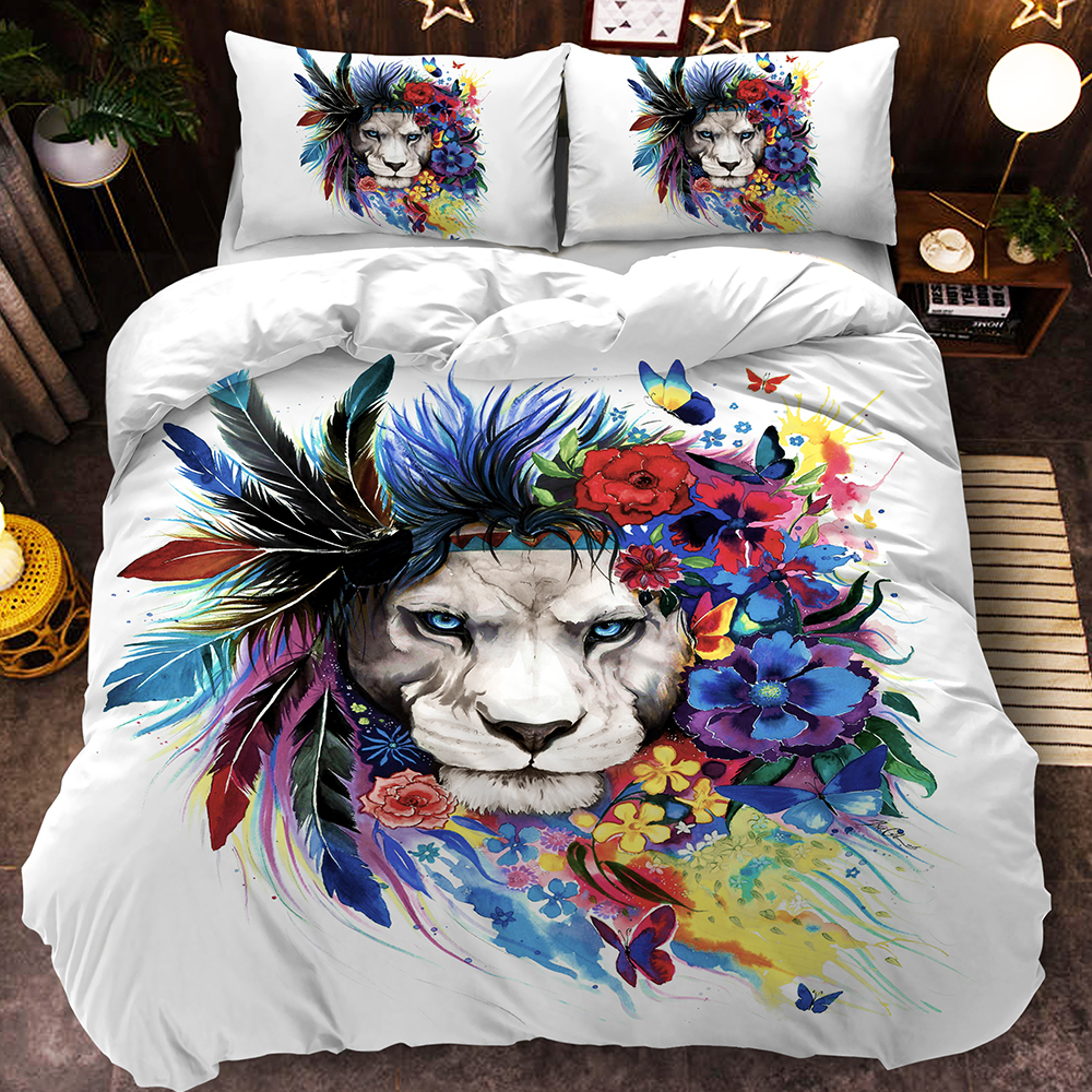 

3D Lion Art Bedding Set Tribal Animal Printed Duvet Cover Watercolor Floral Kids Bed Set Colorful Home Textiles 3pcs, Ahw-77