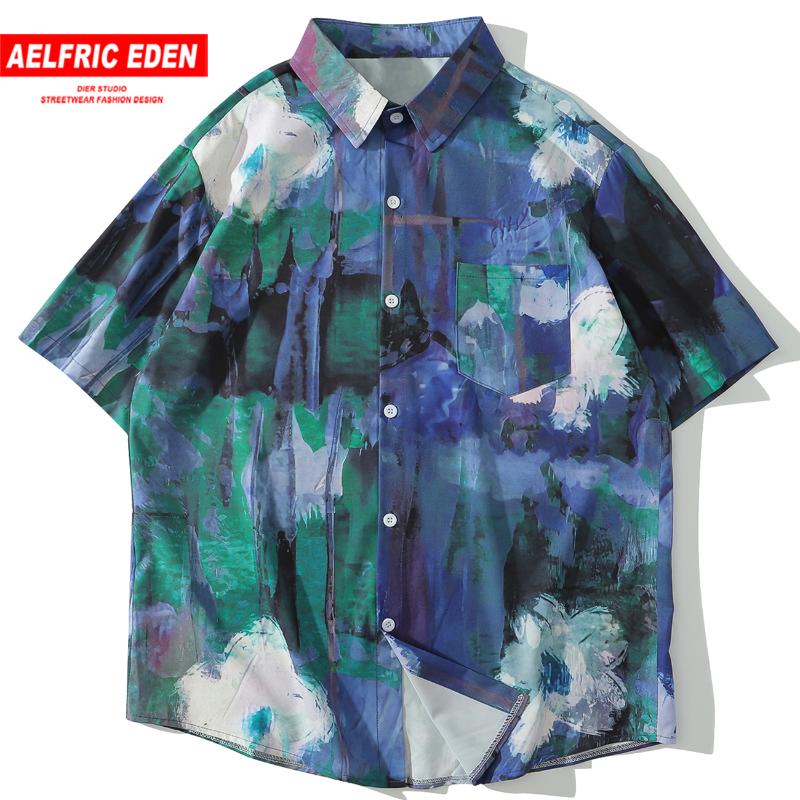 

Aelfric Eden Hip Hop Graffiti Paint Print Shirt Men Harajuku 2020 Streetwear Loose Tops Fashion Summer Aloha Hawaii Beach Shirts, Blue