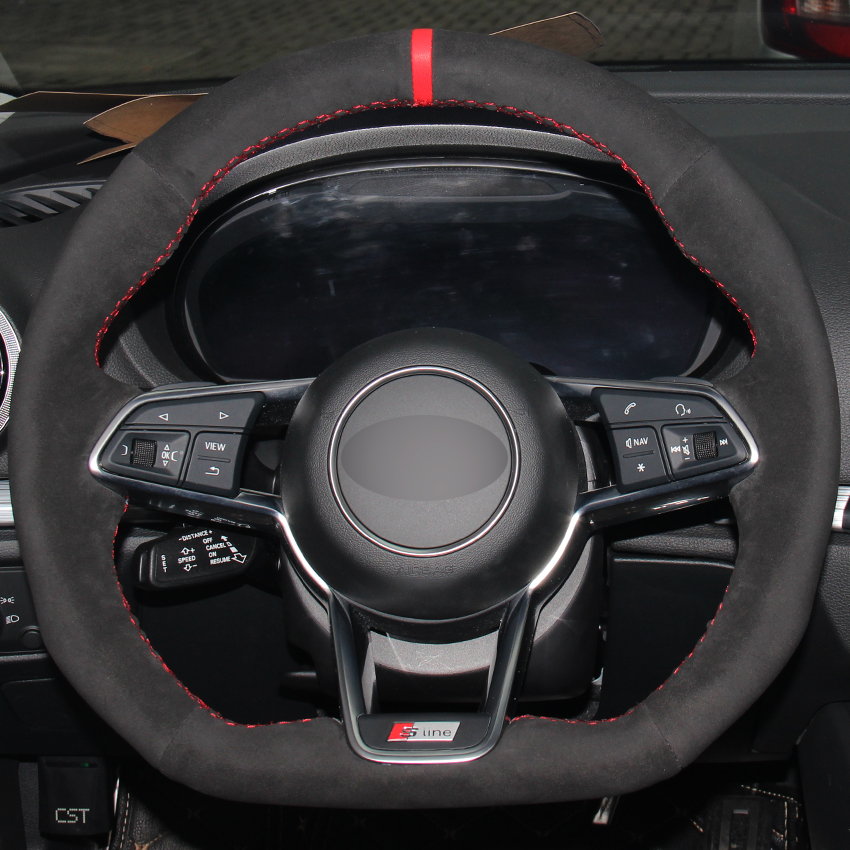 Black Suede Red Marker Car Steering Wheel Cover for Audi TT 2017-image-443362631