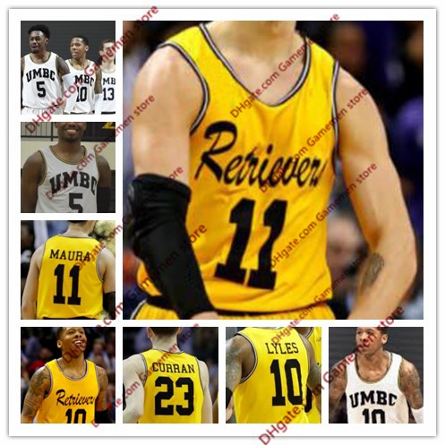 

KJ Maura NCAA UMBC basketball Retrievers David Park Jairus Lyles 13 Joe Sherburne 5 Jourdan Grant Horvath Gold white Stitched College, Yellow