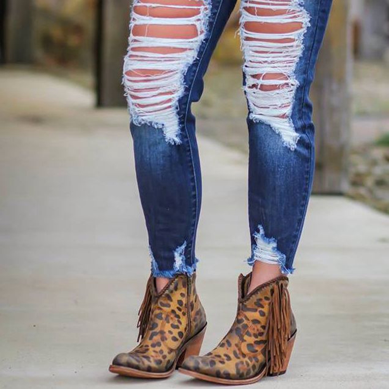 

Leopard Print Sexy Pointed Toe Ankle Boots Slip on Deep V High Heel boots Lady Shoes, Brown