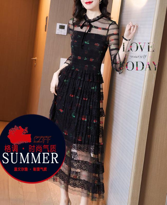 2020 New Summer Women Mesh Lace Dress Casual Slim Bow Tie Neck Patchwork Hollow Out Ruffles Dresses Women A-line Vestidos S86