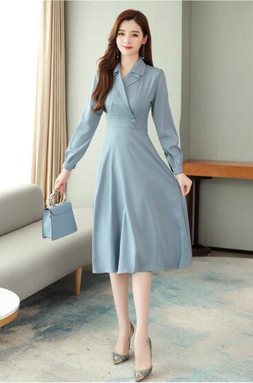 

Autumn new women' high-cold system mature waist temperament goddess clothes light mature wind dress, Gray blue