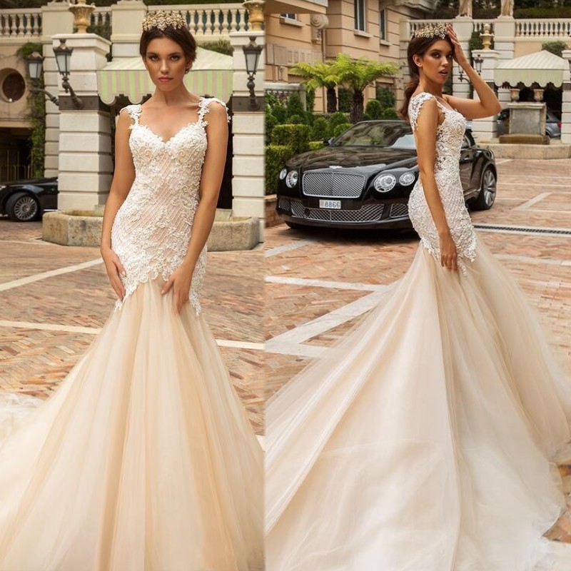 

2020 Sexy Wedding Dresses Spaghetti Illusion Back Lace Backless Bridal Gowns Vestido De Novia Bride Dress robes de mariée, White