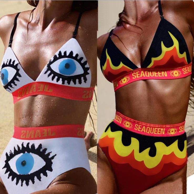 

Bikini Graffiti Eyes Bikini Print Swimsuit Sexy Women 2019 High Waist Swimwear Brazilian Biquini Halter Beachwear, White;black