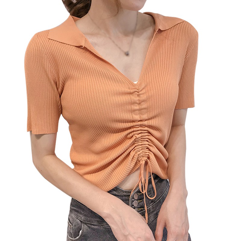 

Summer new fashion Women Turn-down Collar Solid Short Sleeve Knitted Shirt