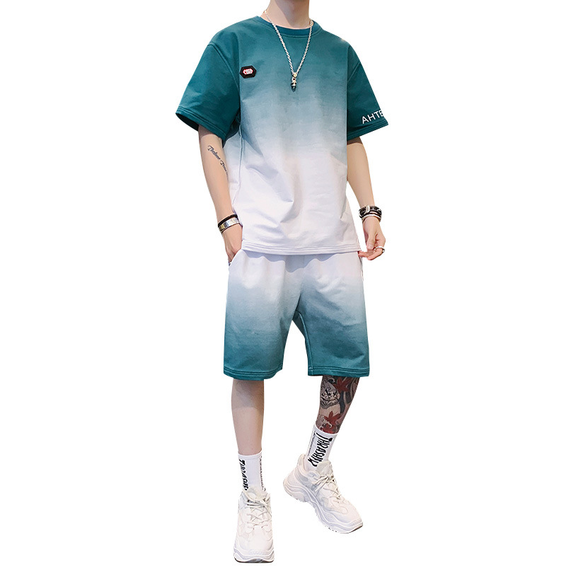 

Hot Men Sets Summer Short Sleeve Shirt Sets Gradient Color Men Clothing Summer Sportswear 2 Piece Set Sweatsuit Track Shorts Male, Kcd532 black
