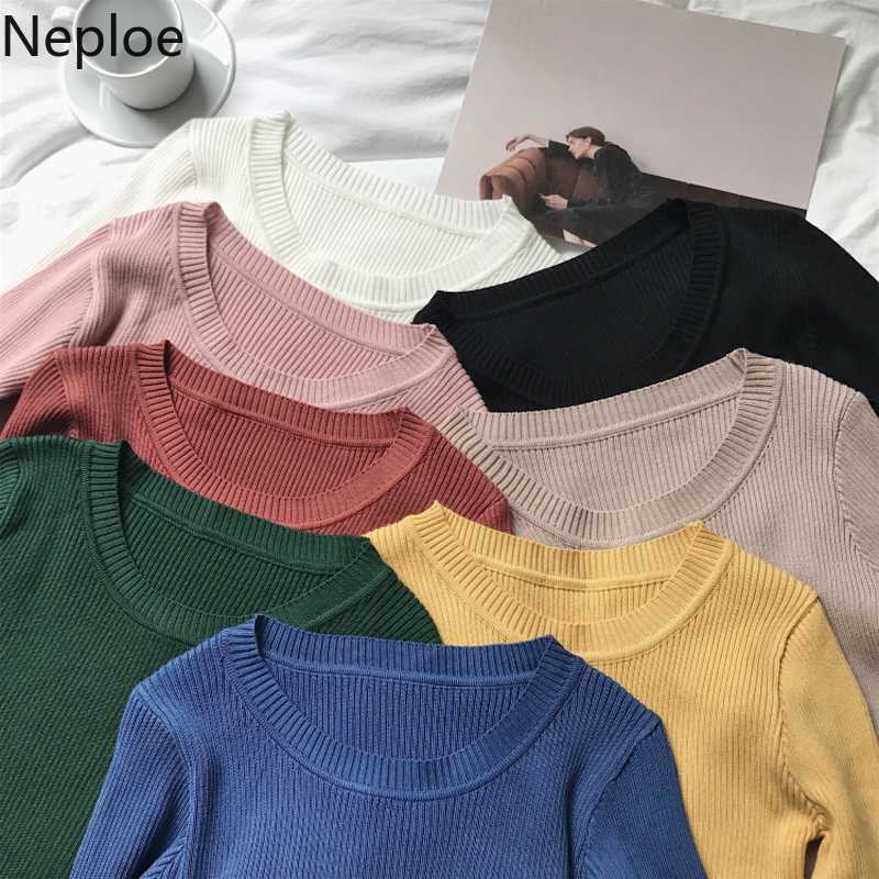 

Neploe O Neck Pullover Bottom Long Sleeve Sweater Women Slim Fit Pit Basic Candy Color Pull Femme Autumn Spring Thin Clothes, Ginger