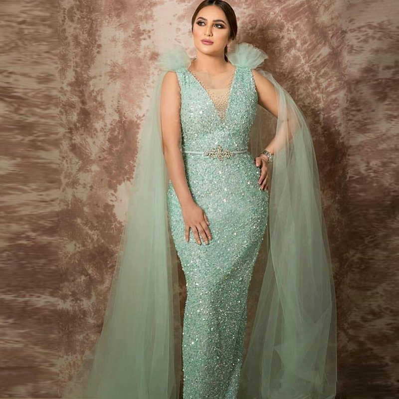 

Shiny Mint Green Mermaid Sequined Evening Dresses with Wrap V Neck Sleeveless Beaded Plus Size Abendkleider Formal Evening Gowns, Ivory