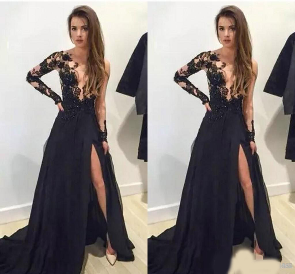 

2020 Black Prom Dresses Long Sleeves Illusion Bodice Lace Applique Scoop Neck Side Slit Sweep Train Chiffon Formal Evening Gowns, Ivory