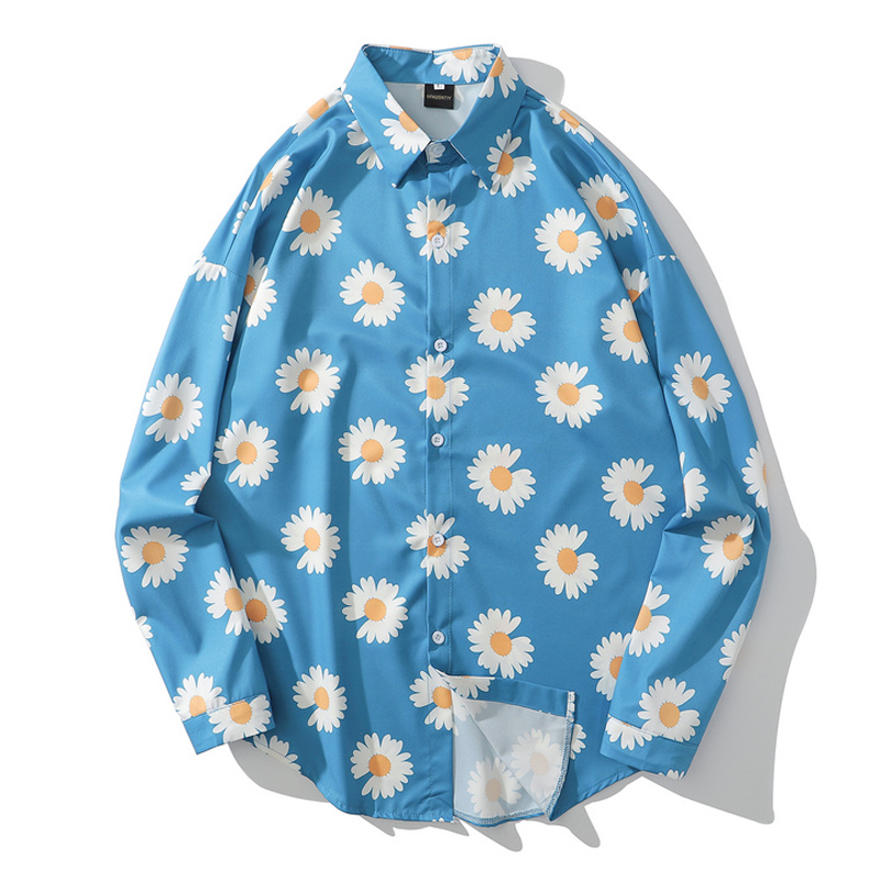 

Mens Chrysanthemum Print Hawaii Beach Shirts Harajuku Streetwear 2020 Summer Long Sleeve Blouse Hiphop Unisex Orange Shirts Tops, Blue