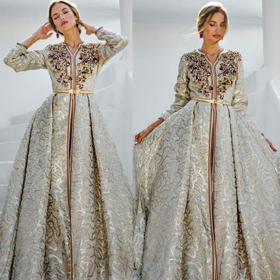 

A Line Prom Dresses V Neck Long Sleeve Beads Beadings Appliques Satin Party Gowns Sweep Train Special Occasion Dresses, Same as image