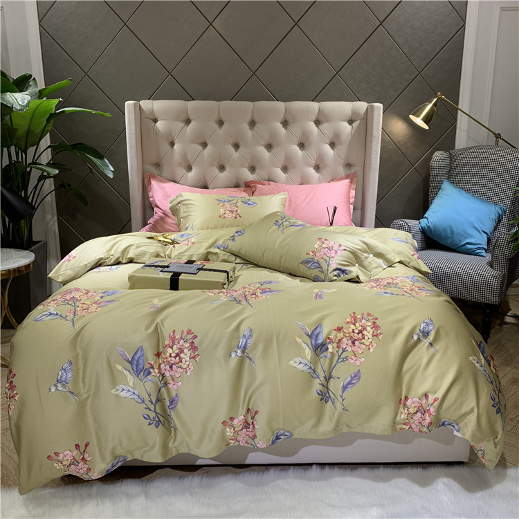

Free Shipping Modern Bedding Set 4pcs Pillow Sheet Pure Cotton Satin Quilt Cover New Chinese Style Home Textile 1.8m BeddingSet, Pink