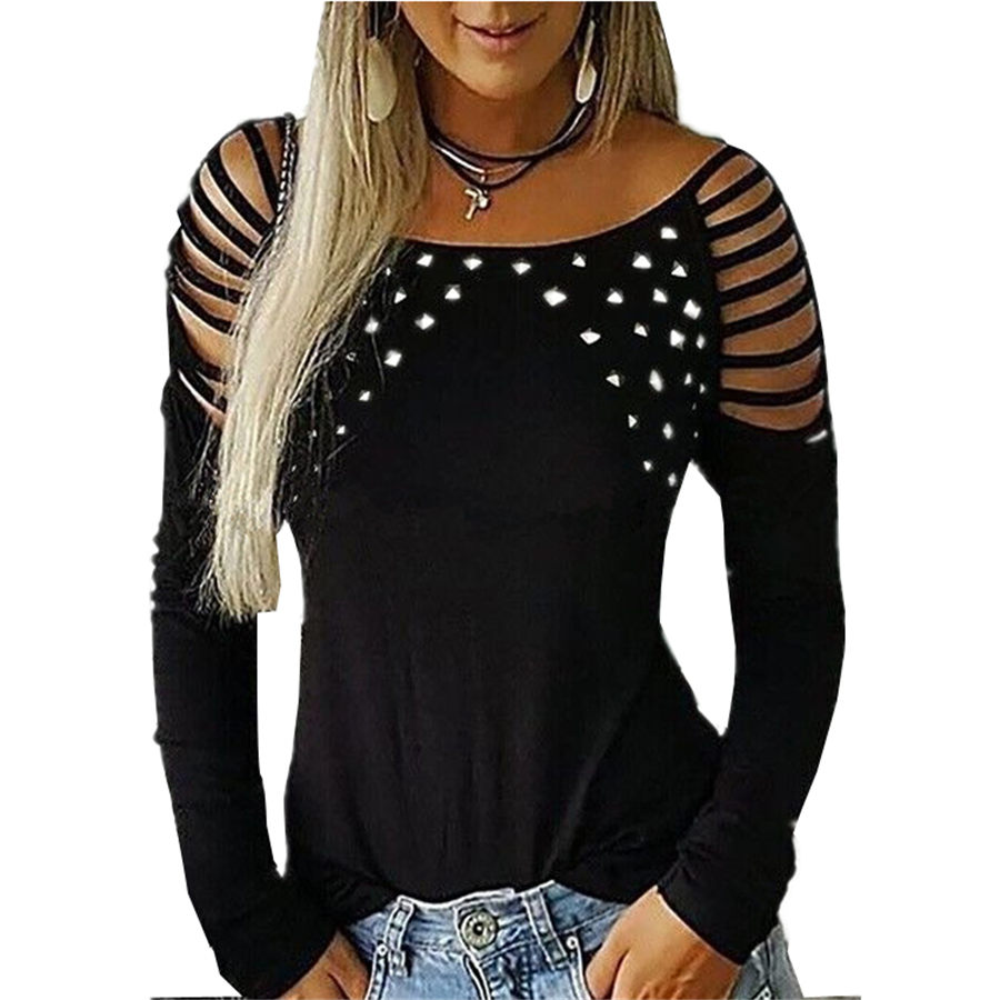 Autumn Winter Loose Women T Shirt Dress Solid Color Hot Diamond Long Sleeved Hollow T-shirt Tops S-5XL