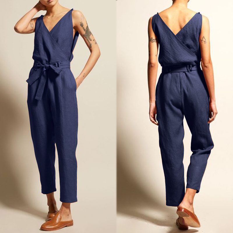 

ZANZEA Stylish Women Rompers Summer Sleeveless Jumpsuits Casual V neck Solid Bow Tie Playsuits Plus Size Work Overalls Femme, Black