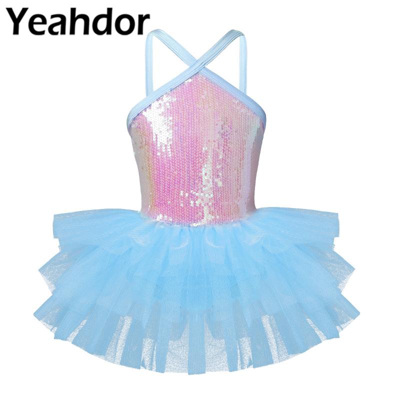 

Kids Girls Sleeveless Ballet Dress Halter Sequins Mesh Ballet Leotard Dress Girls Dance Gymnastics Leotard Tutu, Pink