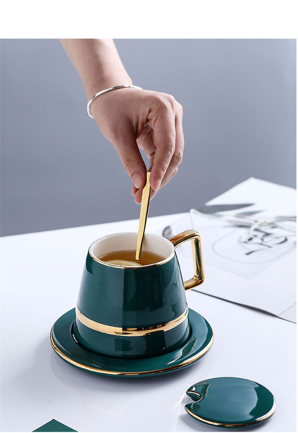 2021 European Luxurious Ceramics Coffee Cup Sets With Lid Dish Spoon