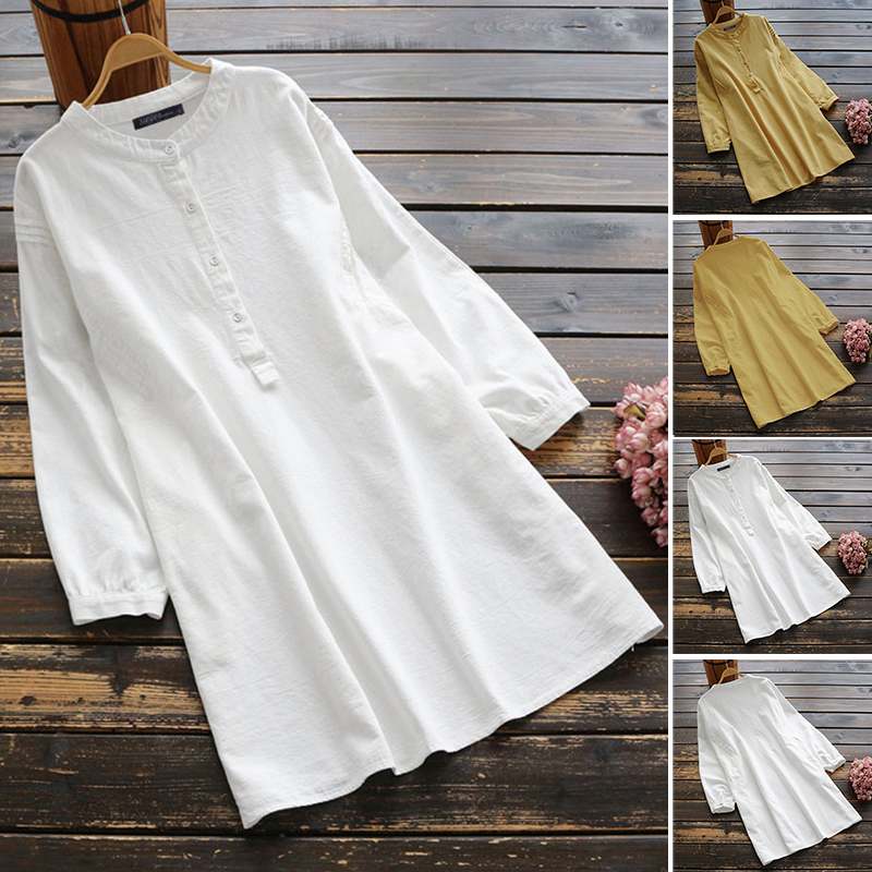 

ZANZEA Women' Dress Casual Cotton Short Mini Vestidos 2020 Spring Long Sleeve Buttons Front Vestidos Long Shirt Beach Sundress, White