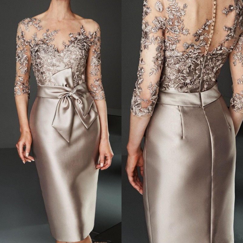 

Vintage Lace Appliqued Sheath Mother of The Bride Dress Plus Size 3/4 Long Sleeves Knee Length Mother Formal Wedding Guest Gown