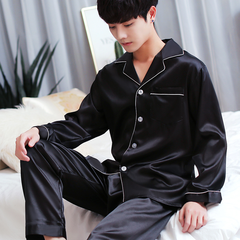 

2019 Men Pajama Sets Long Sleeve Autumn Silk Sleepwear For Men Suit Pijama Man Summer Two-Piece Pyjama, Black