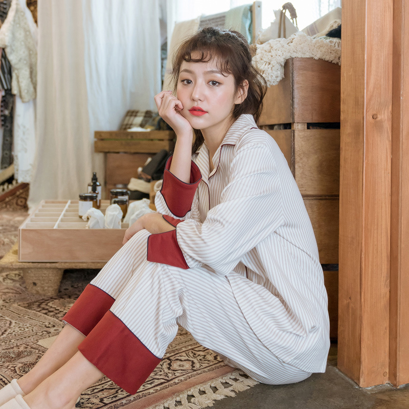 

Plus Size 5XL Pyjamas Women 100% Cotton Pajamas Sets 2019 Spring Cute Stripe Long Sleeve Home Wear 2 Pcs Sleepwear Suit