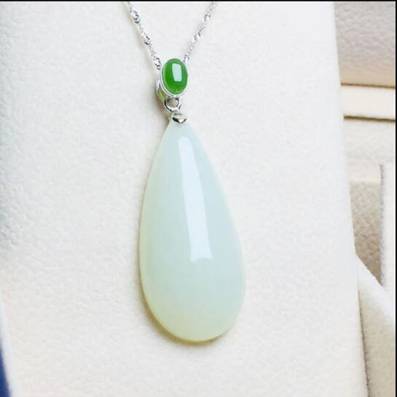 

Beautiful 925 Sterling Silver White Green HeTian Jade Water Drop Design Lucky Pendant + Chain Necklace Fine Jewelry Charm Gift