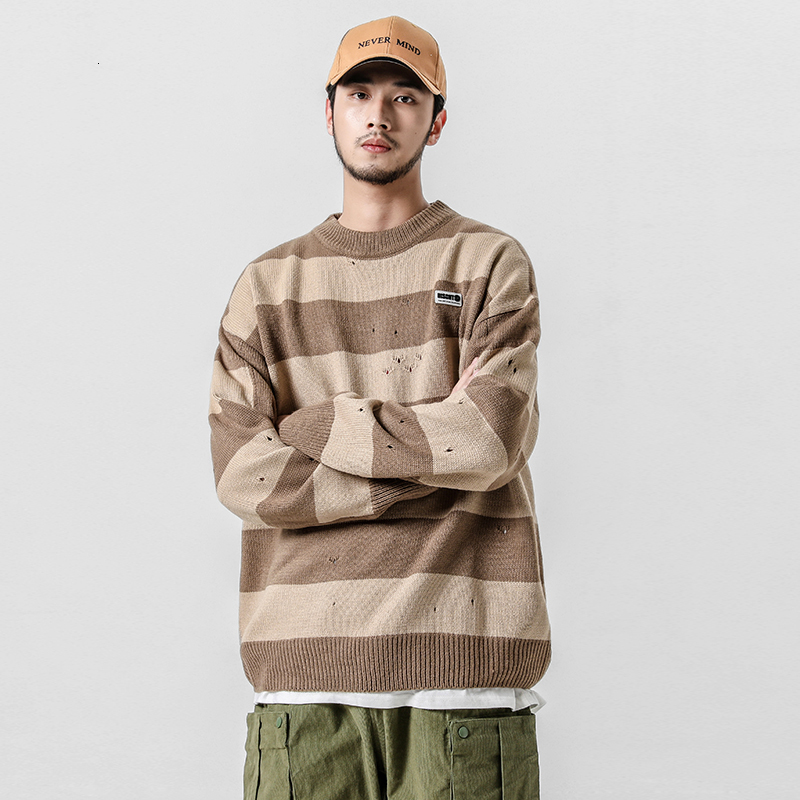 

2019 New Autumn And Winter Korean Version Of The Couple Stitching Striped Hole Men's Casual Sweater Large Size, Gray