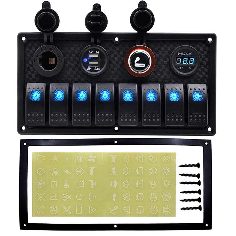 

8 Gang Toggle Switch Panel 12V for Car Boat Dual USB Charging Port Cigarette Lighter Socket Voltmeter Boat Car Switch Panel