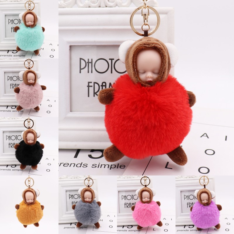 

Free DHL Sleeping Baby Doll Key Rings jewelry for Women Fashion Fluffy Pompom Car Keychains Faux Rabbit Fur Ball Bag Keyring Kimter-U14FZA